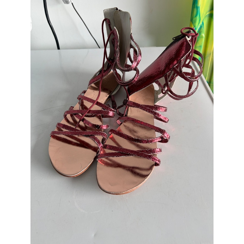 Free People Metallic Red Crackled Gladiator Sandals Lace Up Back Zip Womens 41